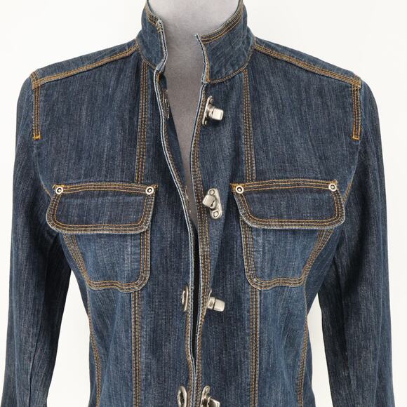 Chicos Denim Jacket 0 Womens Small Blue Military Stretch Cotton Pockets Toggles - Picture 11 of 16